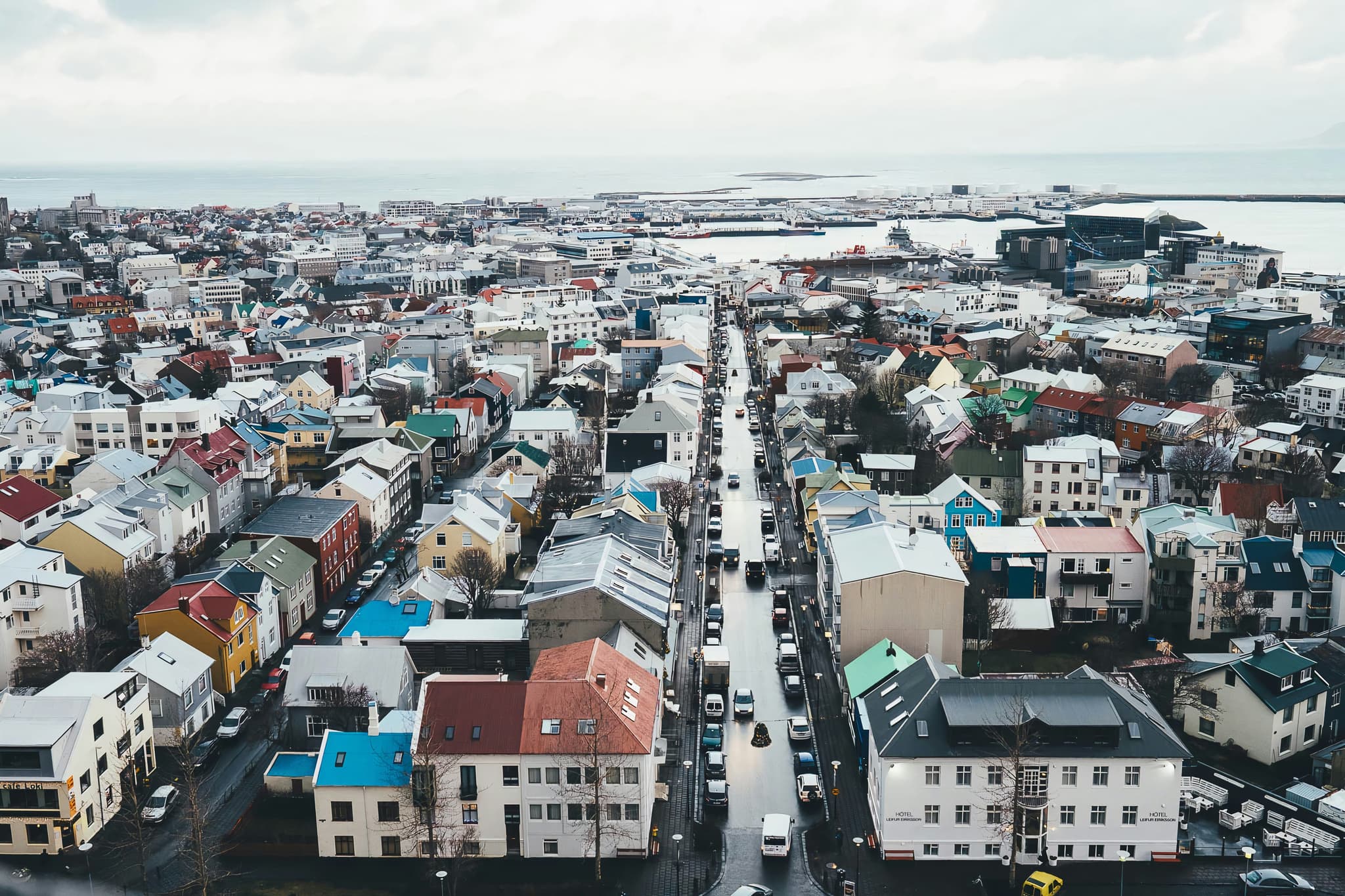 Houses and roads in city in iceland from above