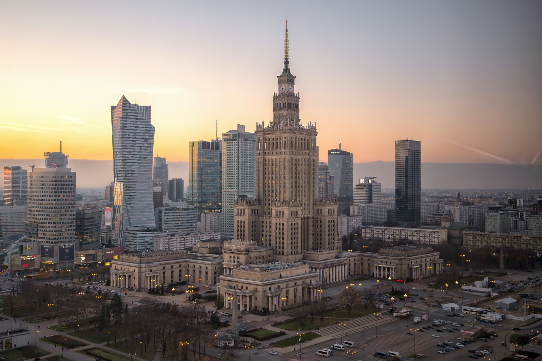 Warsaw city from above suring sunset