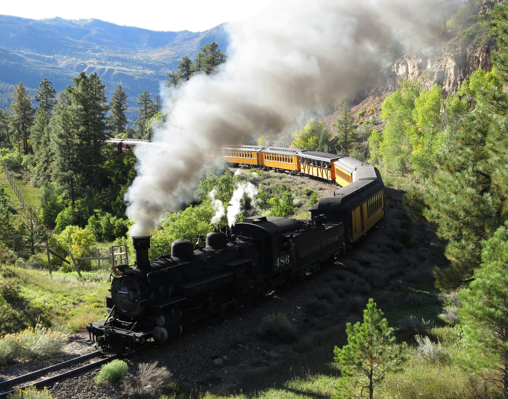 The Jacobite Steam Train with steam on a high train rail in the forest