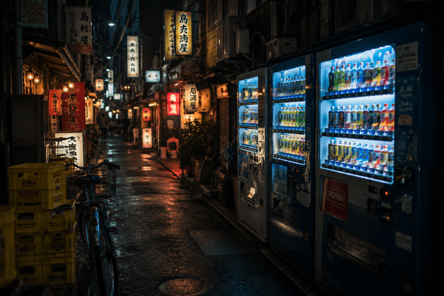 "Bright vending machines line a narrow alley in Japan at night, surrounded by glowing lanterns, restaurant signs, and wet pavement reflecting colorful lights. The atmospheric street scene captures the vibrant urban nightlife and unique character of Japanese city alleys."