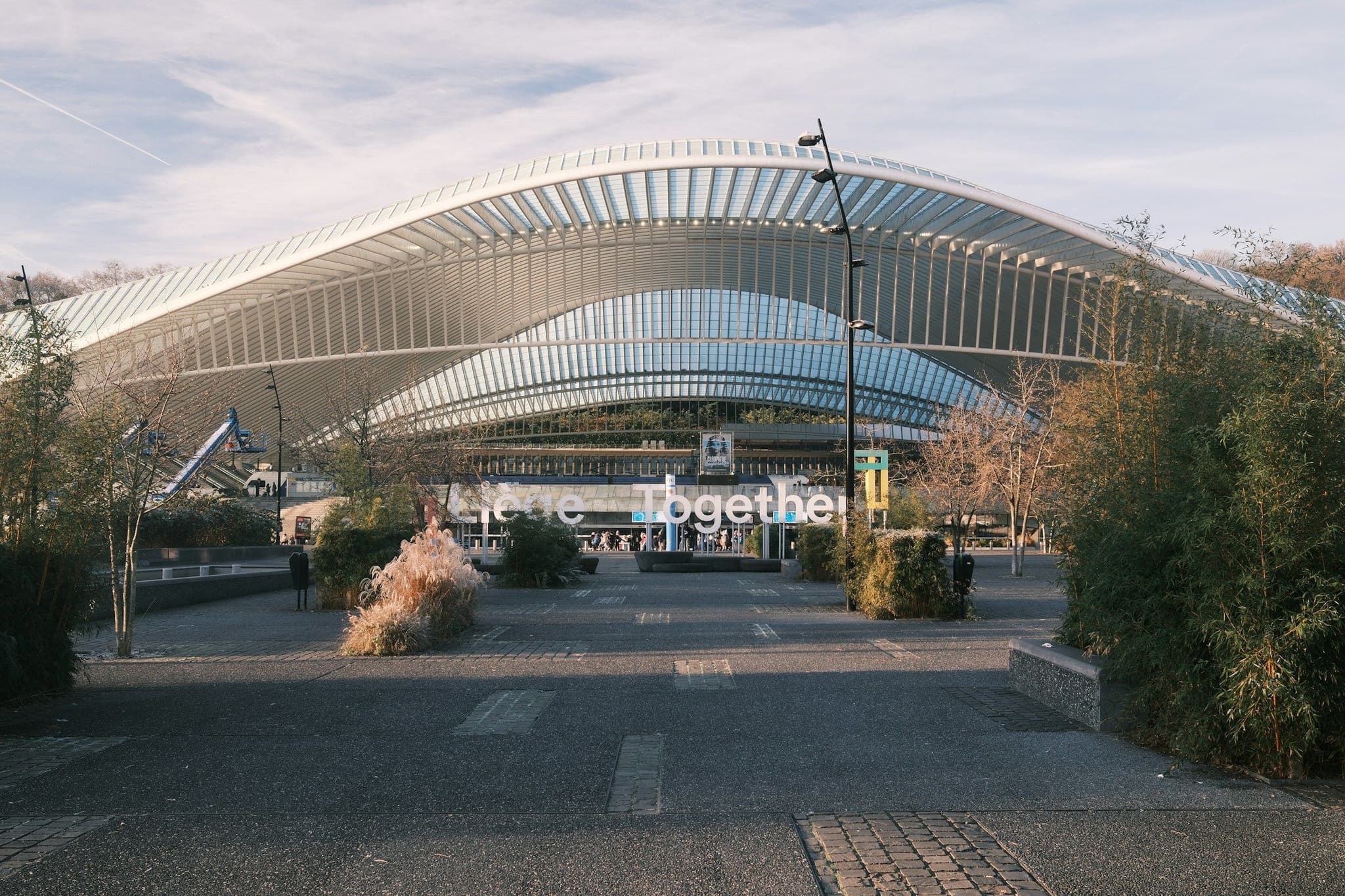 The white arched steel and glass roof of Liège-Guillemins station