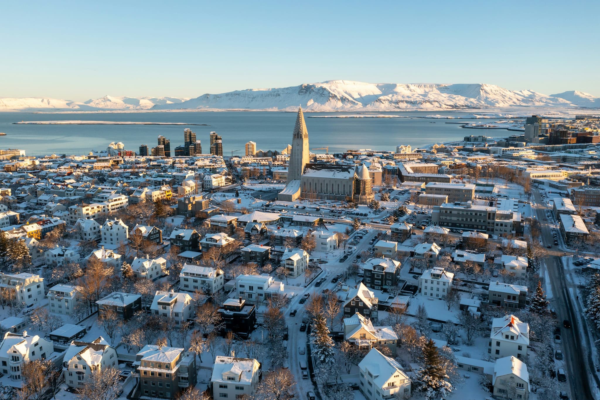 City in Iceland covered in snow from above