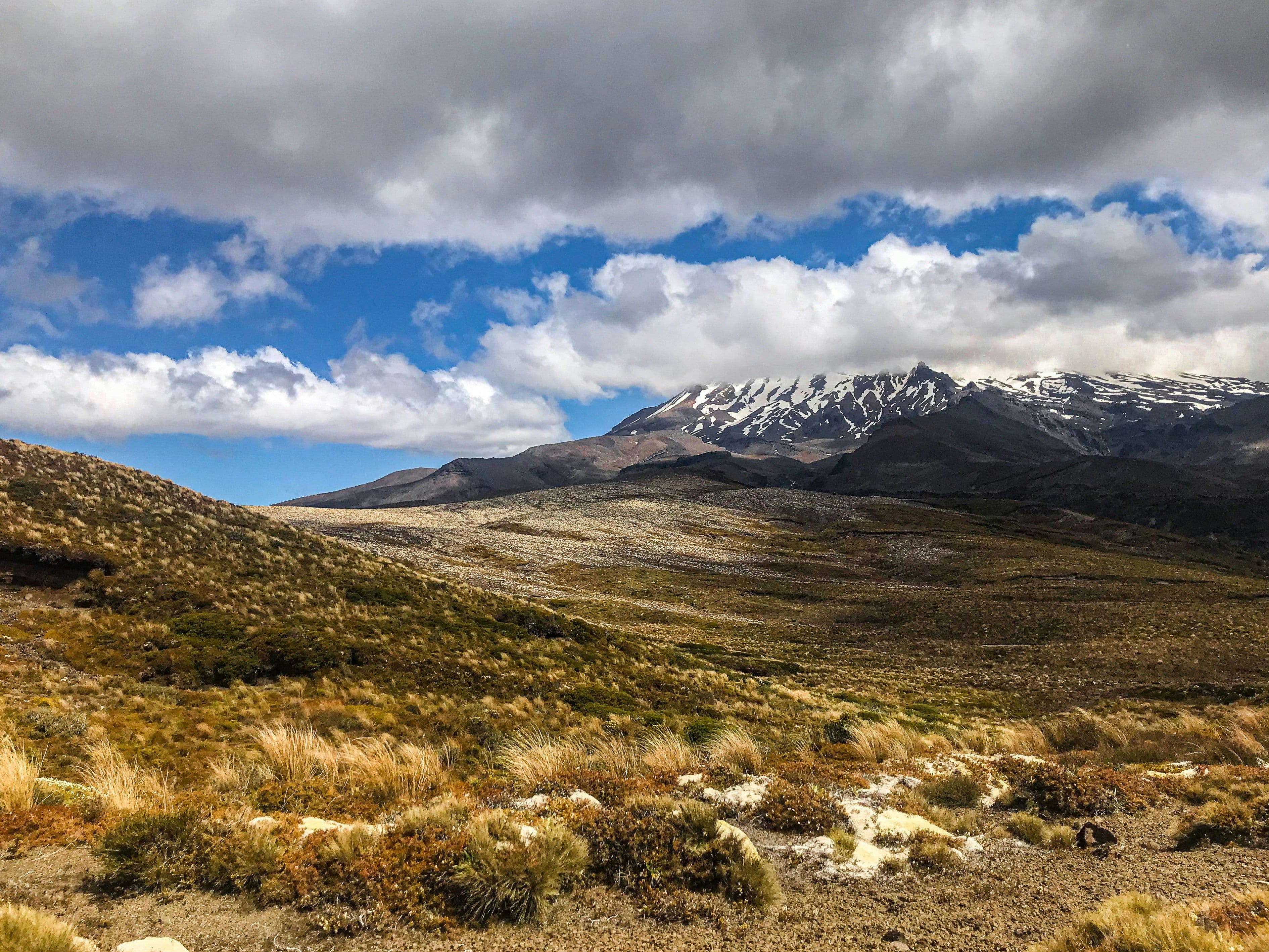 Landscape with hills and snow covered mountains in Tongariro National Park New Zealand