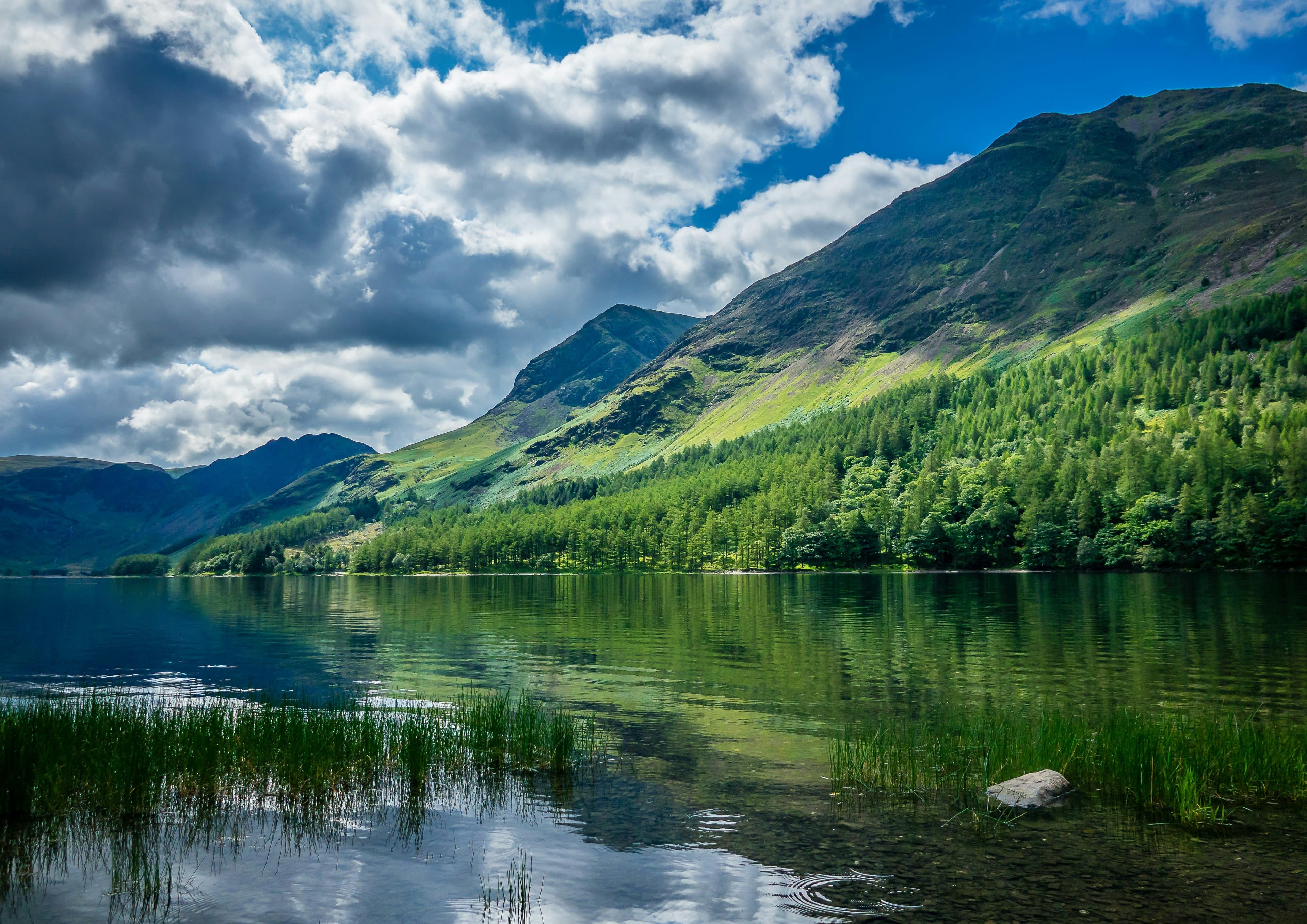 A lake surrounded by green mountains in the UK