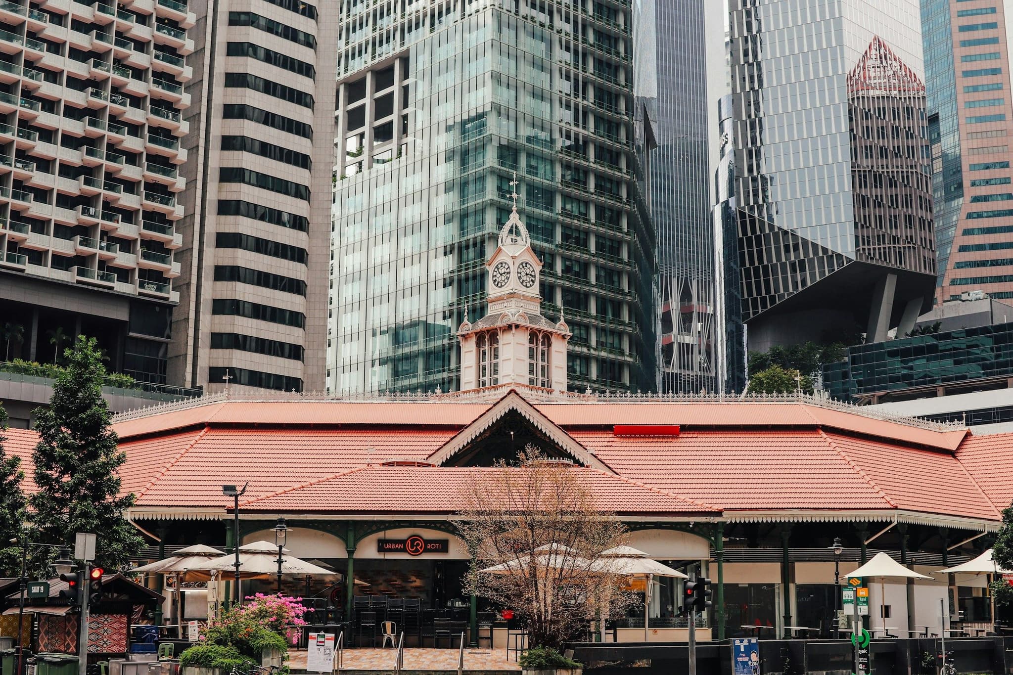 The Lau Pa Sat market building and clock tower in Singapore