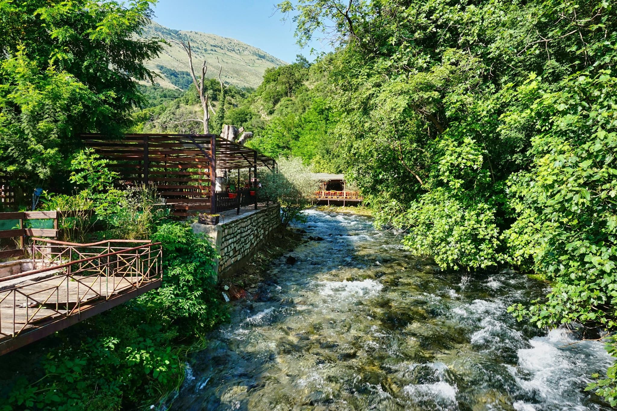 Clear river water among green foliage at the Blue Eye (Syri i Kaltër) nature park