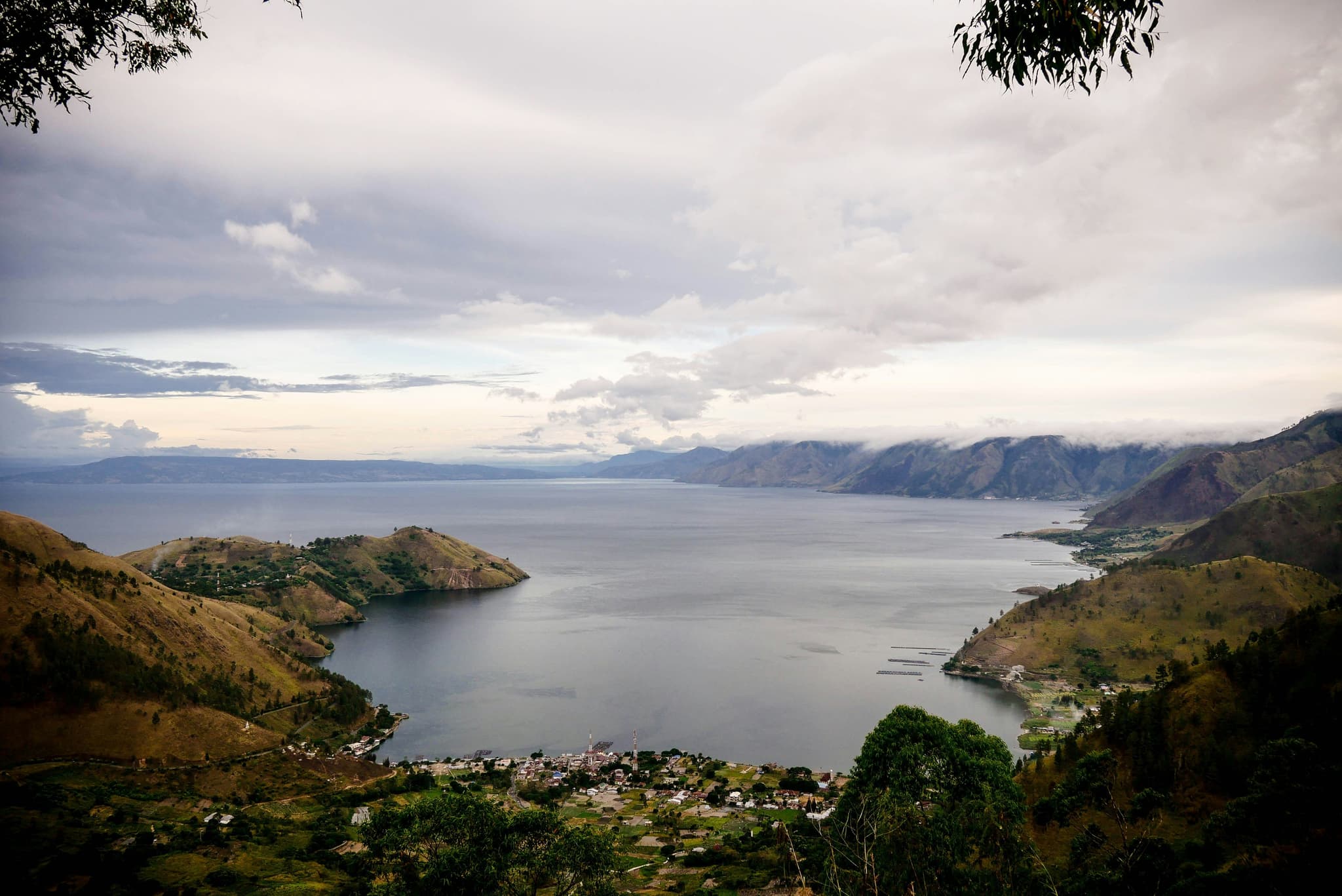 Aerial view of Lake Toba on a cloudy day