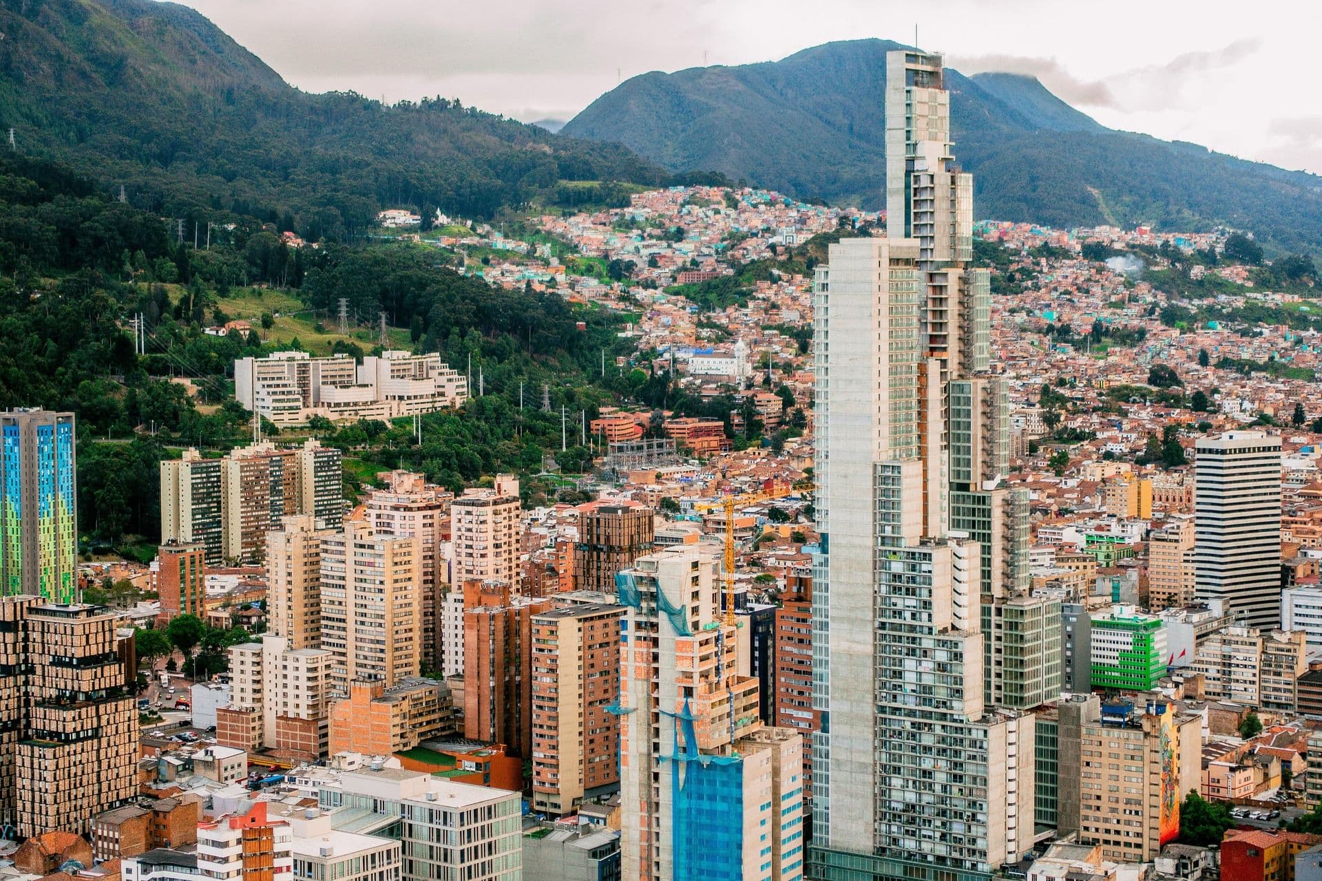 City from a viewpoint of Bogotá showing skyscrapers and mountains