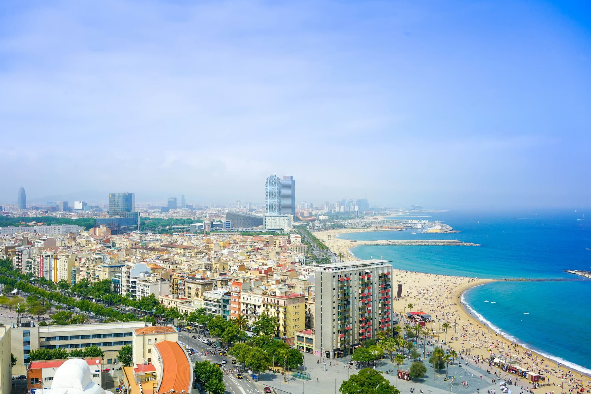A vibrant coastal cityscape with tall buildings, a sandy beach, and the deep blue sea under a clear sky, evoking a lively, inviting atmosphere.