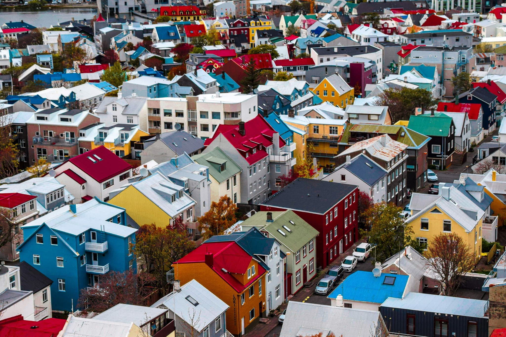 Colorful houses in reykjavik from above