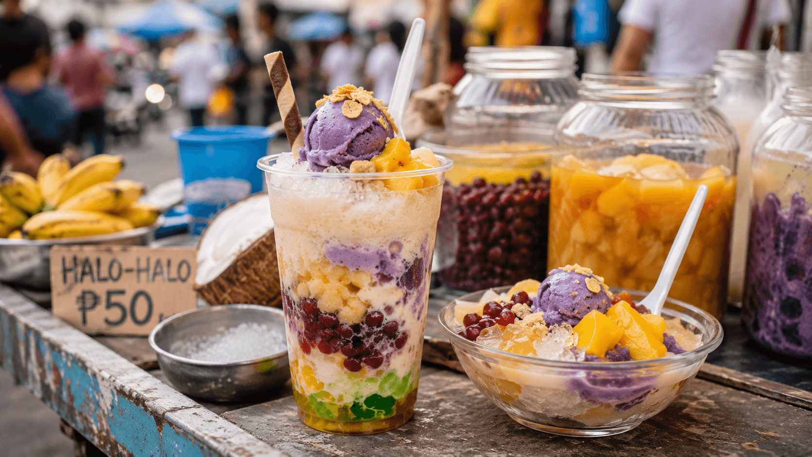 A street market stall with halo halo dessert in a bowl and a cup with bananas and fruits in jars in the background