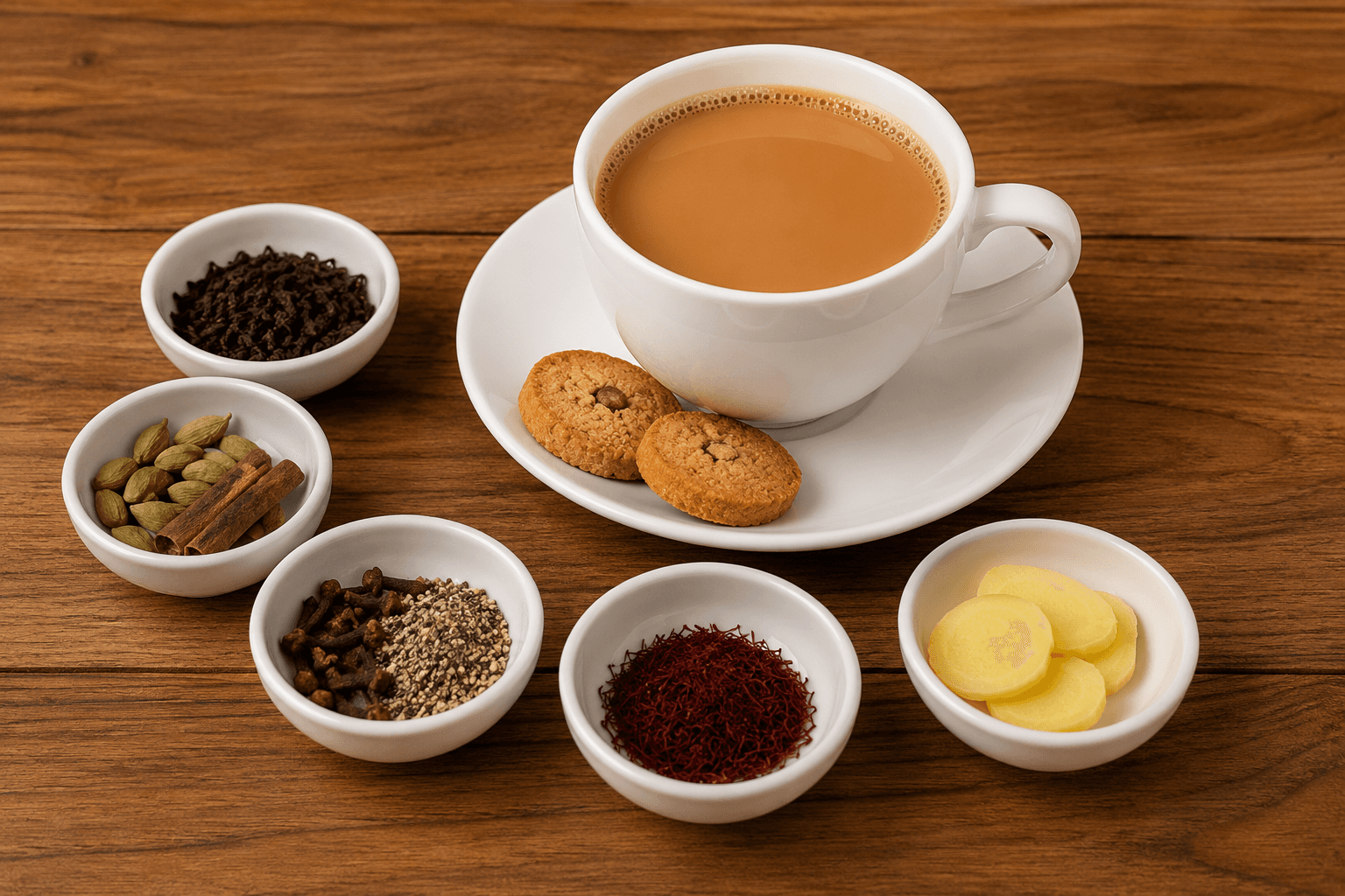 Cup of karak tea from above next to small bowls with spices