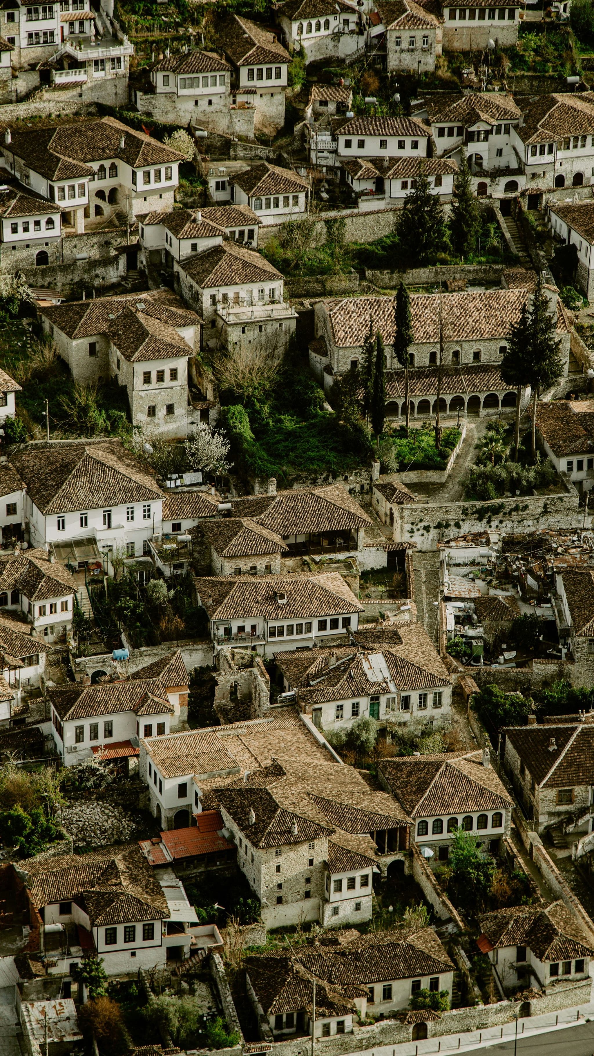 Aerial view of the white Ottoman houses of Berat